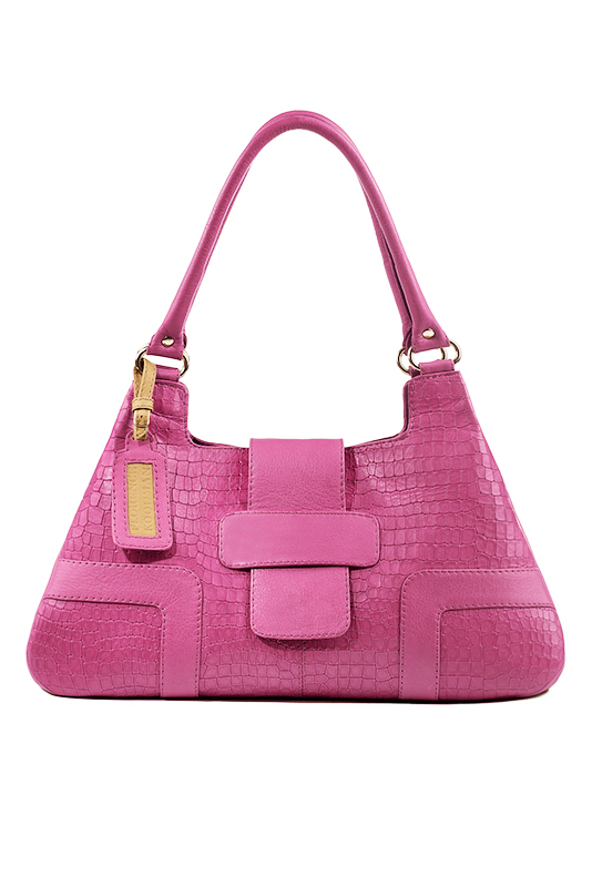 Fuschia pink women's dress handbag, matching pumps and belts. Top view - Florence KOOIJMAN